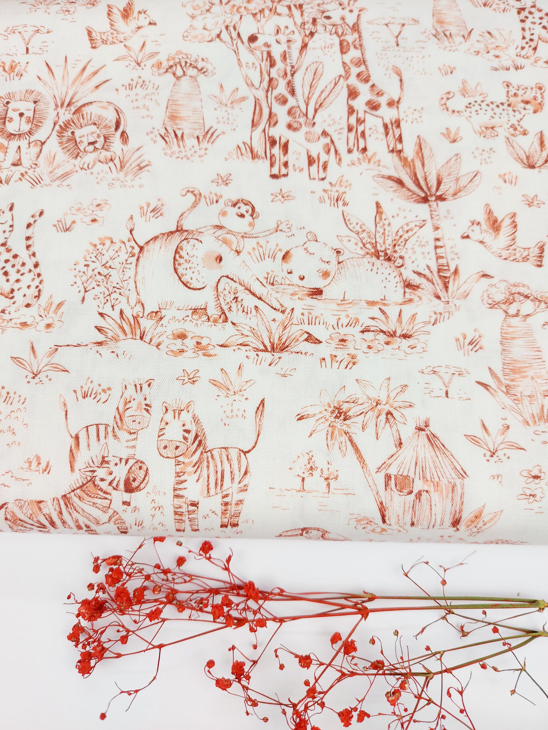 Popelín PREMIUM Infantil Toile de Jouy Sabana Africana Marrón Rojizo Popelín Popelín PREMIUM Infantil Toile de Jouy Sabana Africana Marrón Rojizo